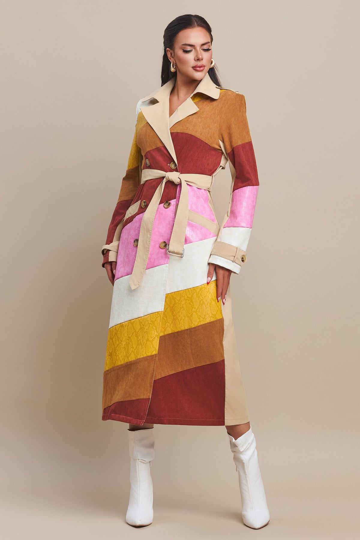 Leather & Suede Color Block Trench Coat- PRE-ORDER