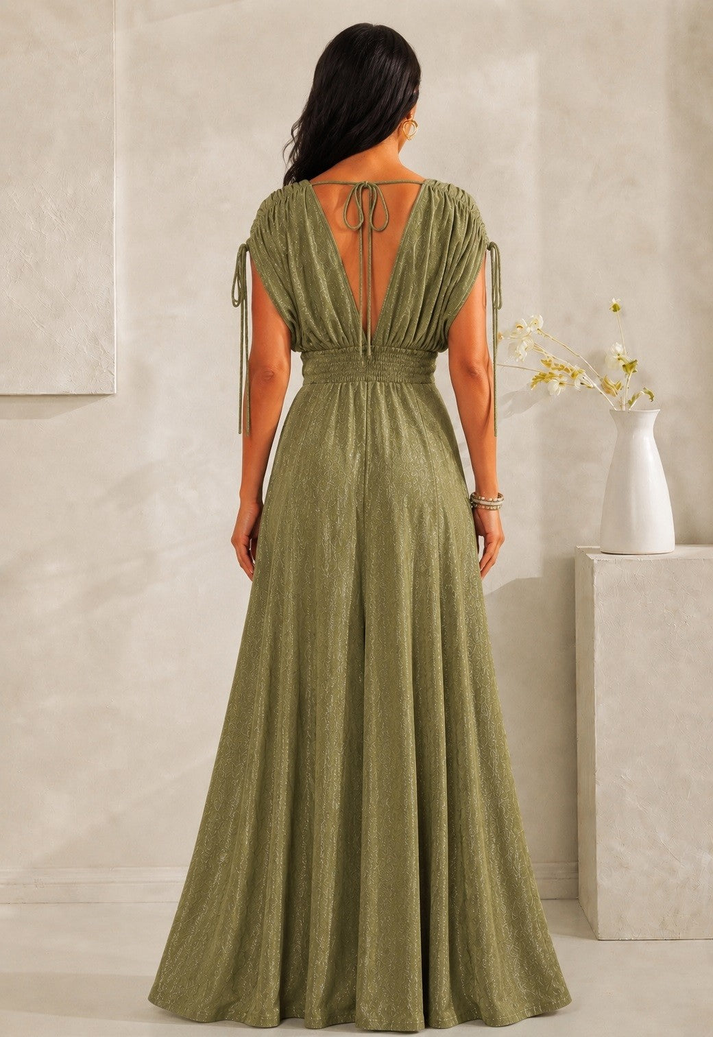 Flowers of Elegance Maxi Double Slit Dress- Olive
