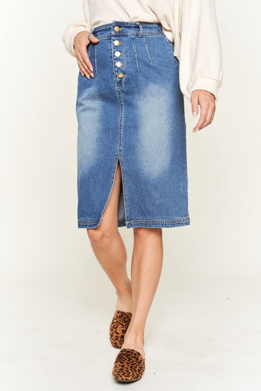 Denim Buttoned Knee Length Skirt