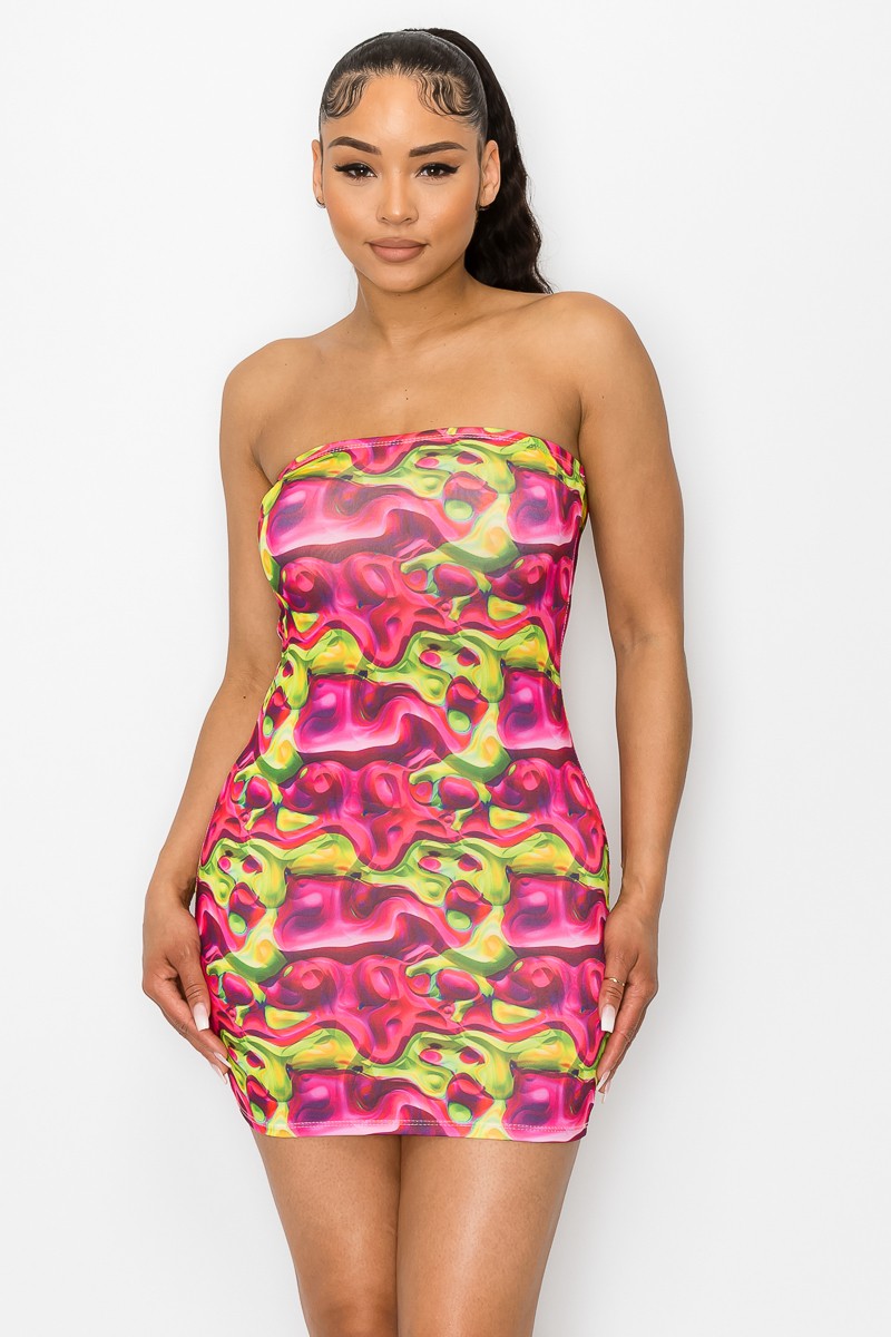 Pink & Green Water Color Tube Mini Dress