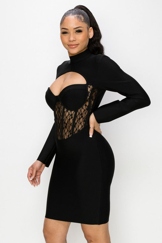 BUSTIER CUP LACED LONG SLEEVE MINI BANDAGE DRESS