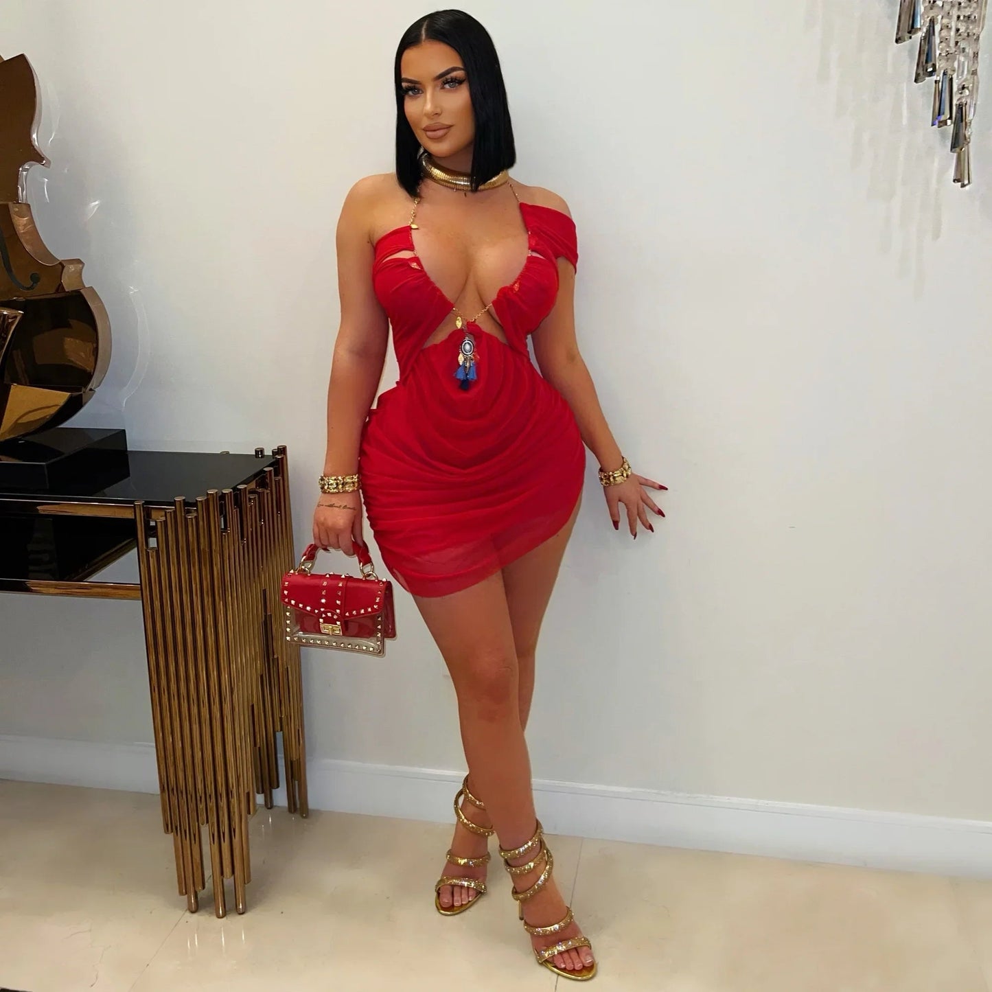 Mesh Halter Mini Chain Jeweled Dress/Lingerie