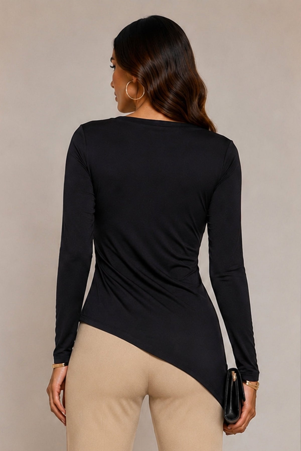 Juliette Asymmetrical Ruched Long Sleeve Top- Black