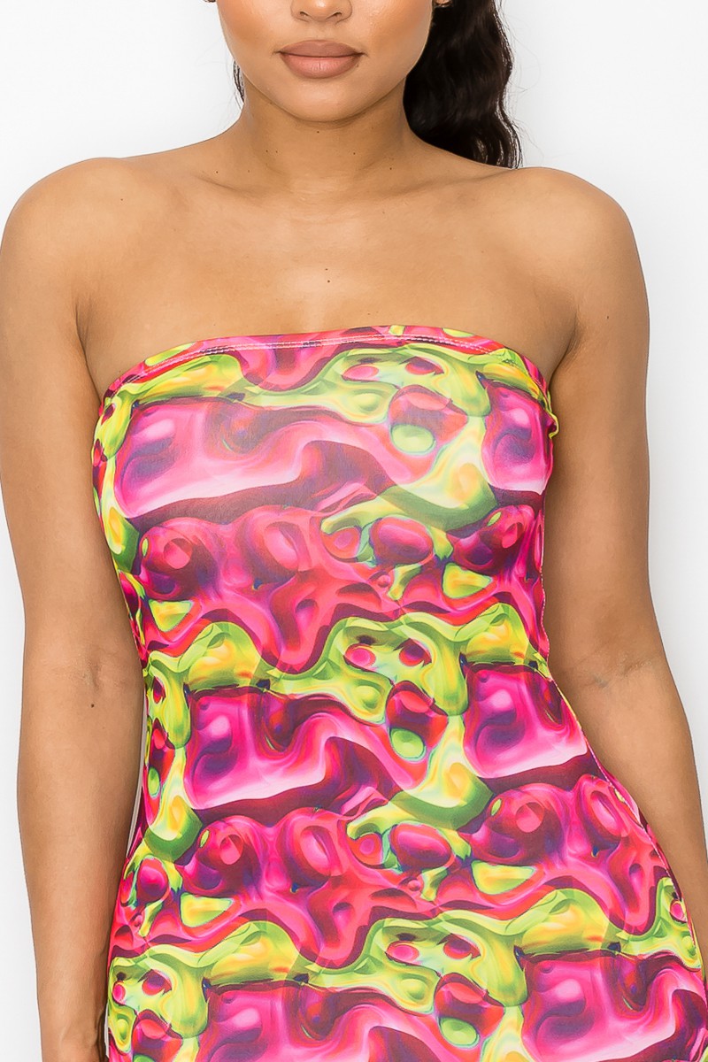Pink & Green Water Color Tube Mini Dress