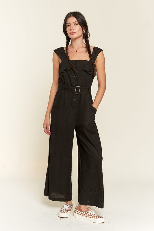 SLEEVELESS SQUARE NECK BUTTON DOWN ANKLE JUMPSUIT-BLACK OR MUSTARD