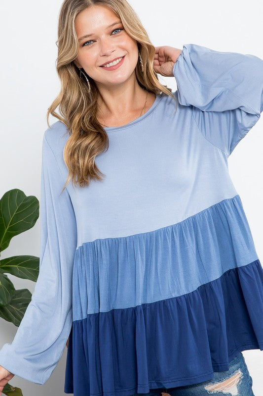 COLOR BLOCK RUFFLE TIERED SWING TOP-2 COLORS