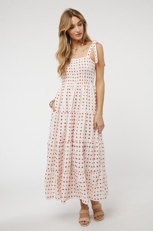 Shoulder Tied Smocked Ruffle Square Dot Printed Sundress