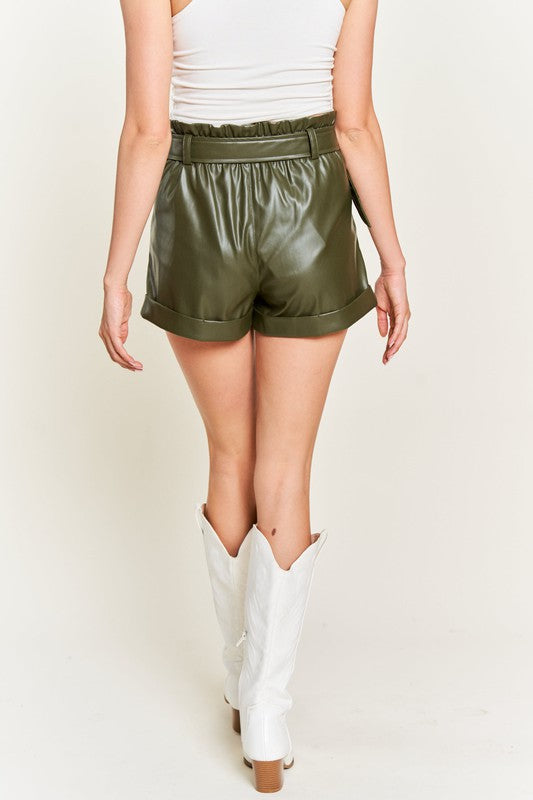 High-rise Waist Belted Faux Leather Shorts- 2 Colors