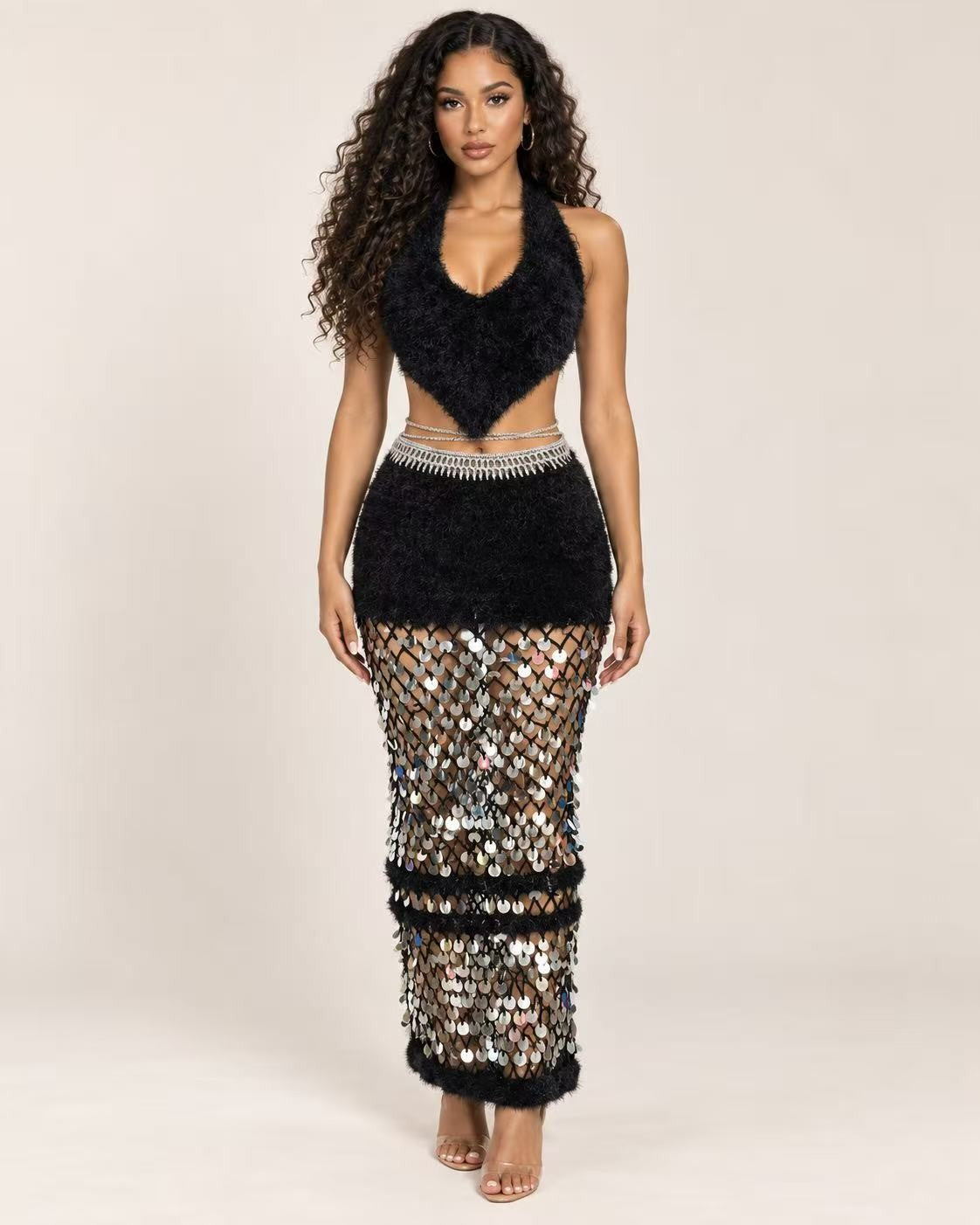 Plush Flur & Sequin Skirt Set- Black