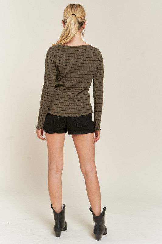 PLUS LONG SLEEVE BUTTON DOWN TOP WITH RUFFLED HEM-3 COLORS