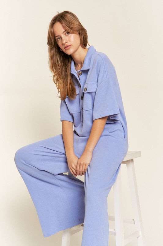 Basic Collar Shirt Wide Leg Jumpsuit-3 Colors