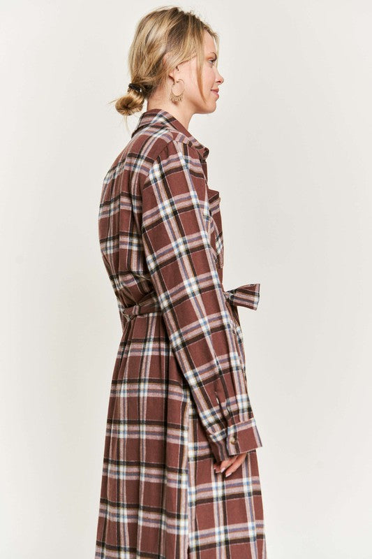 PLUS SIZE PLAID PRINT COLLAR LONG SHIRT DRESS-3 COLORS
