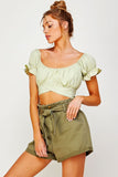 OFF SHOULDER PLEATED CROP TOP WITH BACK RIBBON TIE-5 COLORS