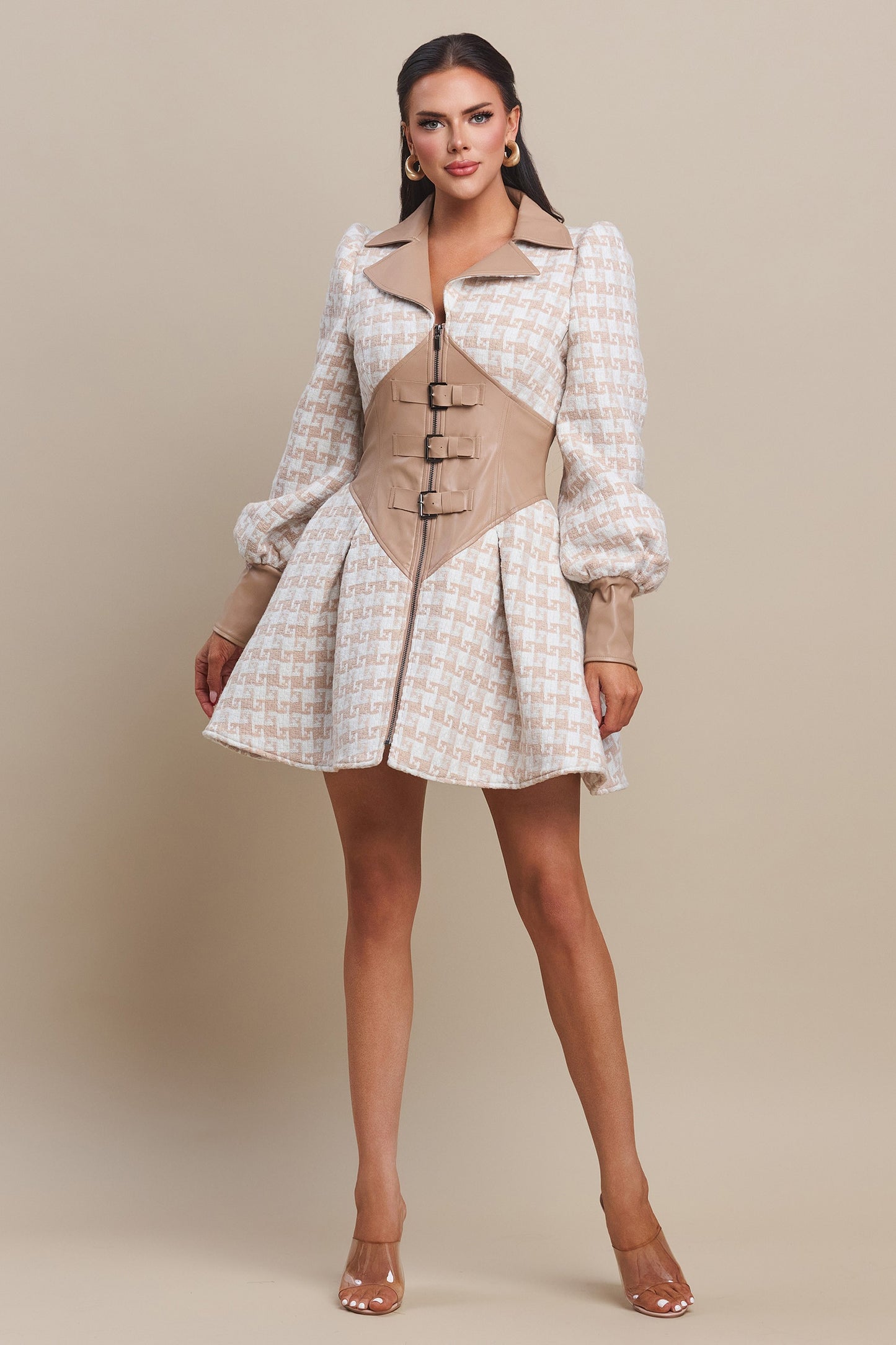 Leather on Tweed Flare Mini Flare Dress Jacket- Taupe