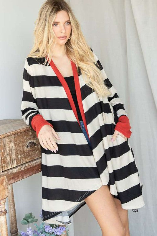 PLUS SIZE OPEN FRONT STRIPED DRAPED CARDIGAN- 3 COLORS