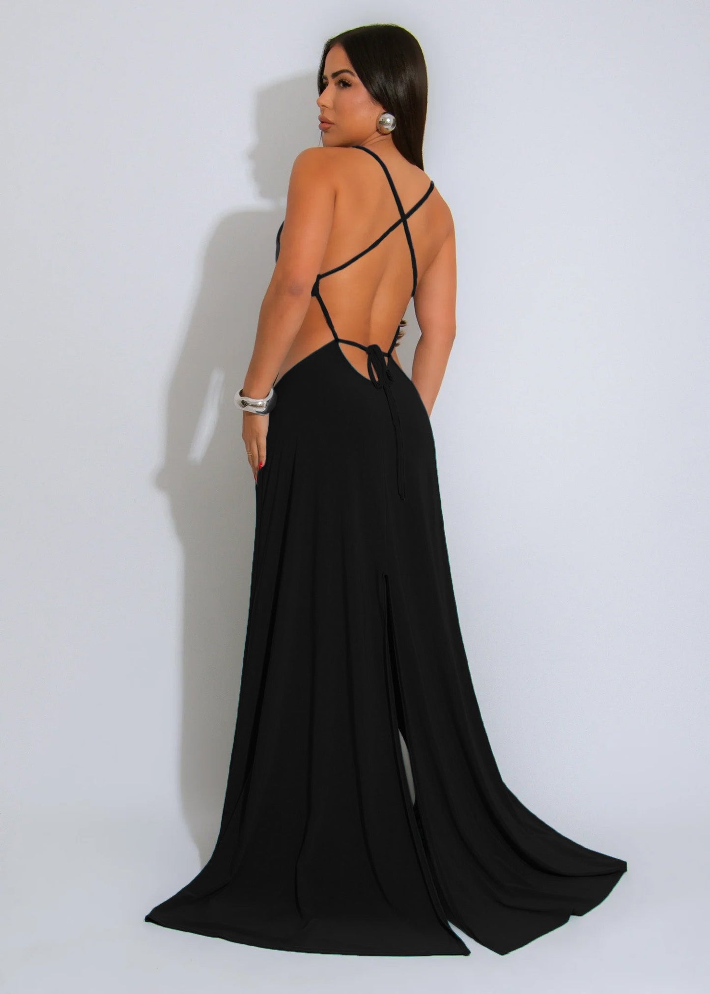 Ringed Open Back Slit Up Maxi Dress/Coverup Dress