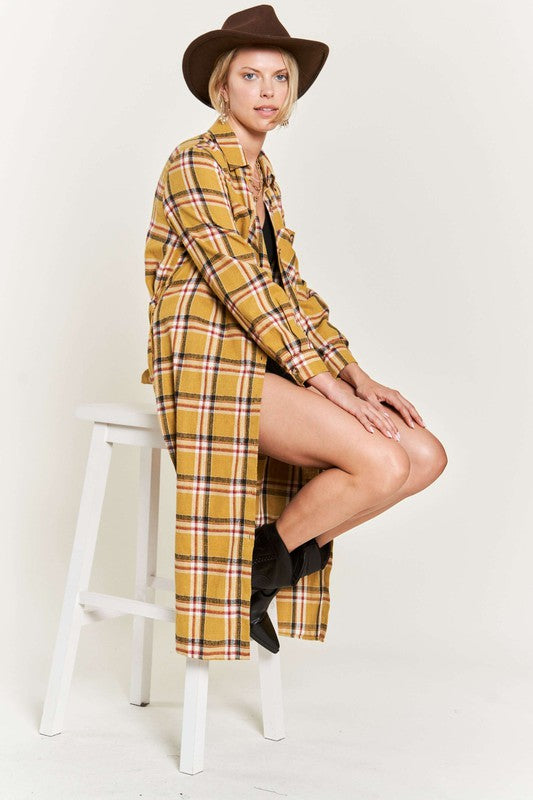 PLUS SIZE PLAID PRINT COLLAR LONG SHIRT DRESS-3 COLORS