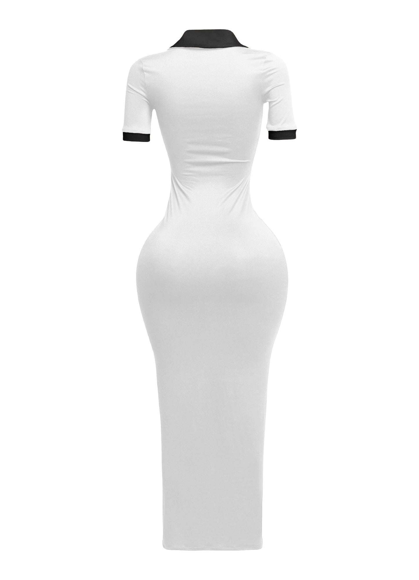 Collar Neck Short Sleeve Contrast Maxi Dress- White