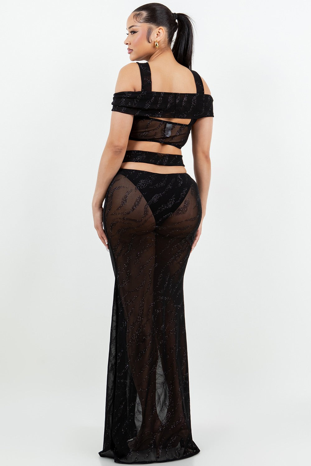 Mesh Glitter Resort Wear Beach Summer Black Skirt Set