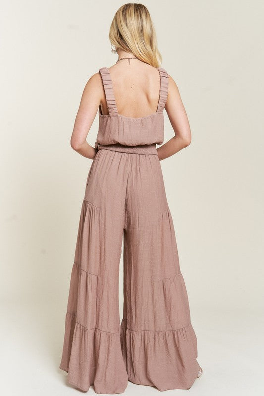 PLUS SIZE ELASTIC STRAP TIERED JUMPSUIT- 2 COLORS