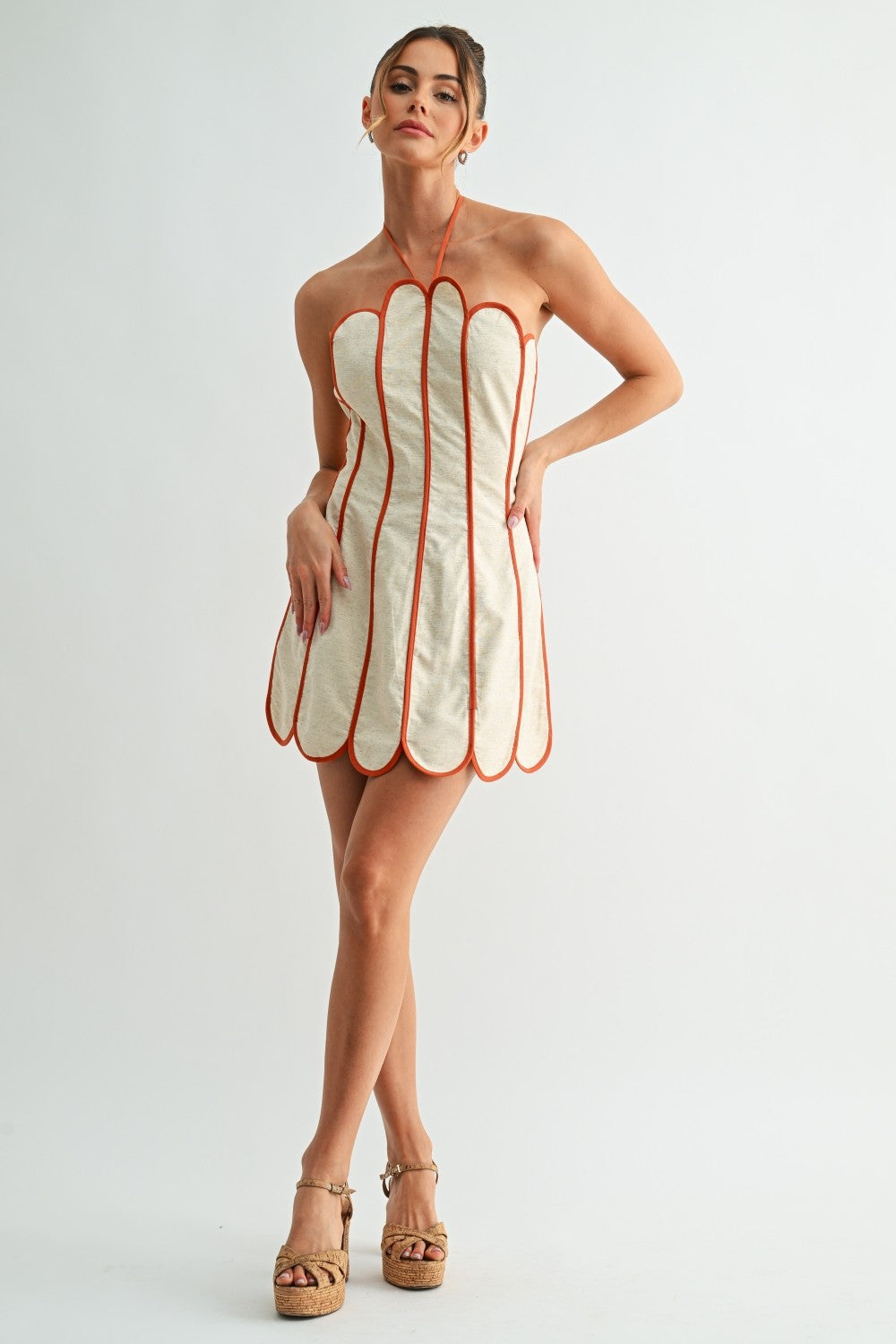 Scalloped Halter Neck Mini Dress- Beige