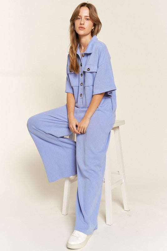 Basic Collar Shirt Wide Leg Jumpsuit-3 Colors
