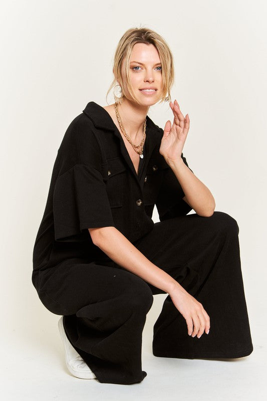 Basic Collar Shirt Wide Leg Jumpsuit-3 Colors