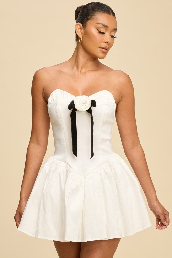 Swept Away 3D Flower Bowtied Mini Dress- White