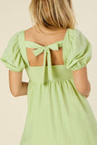Green Puffed Sleeve Tied Back Mini Dress