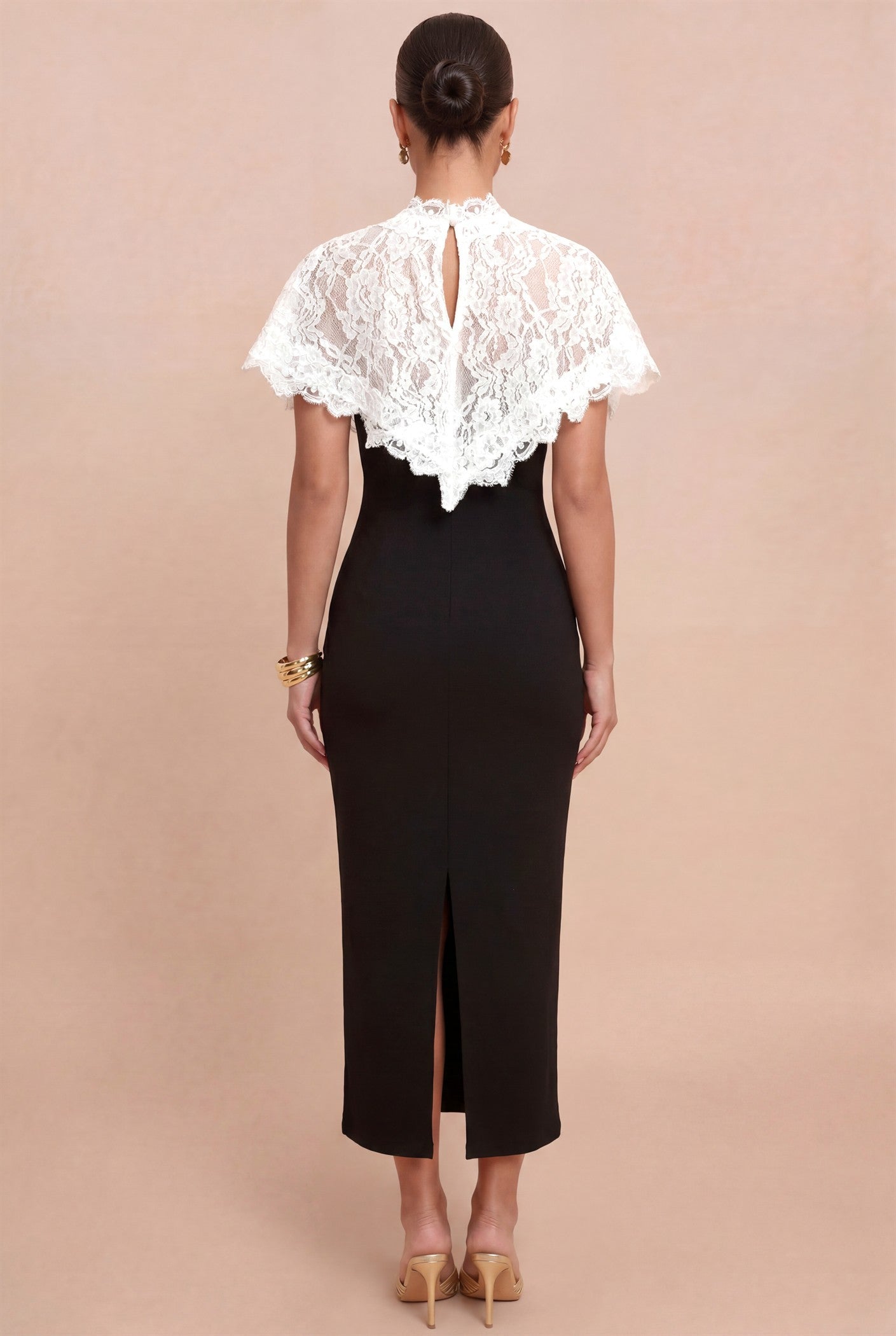 Lace Caped Midi Dress- Black