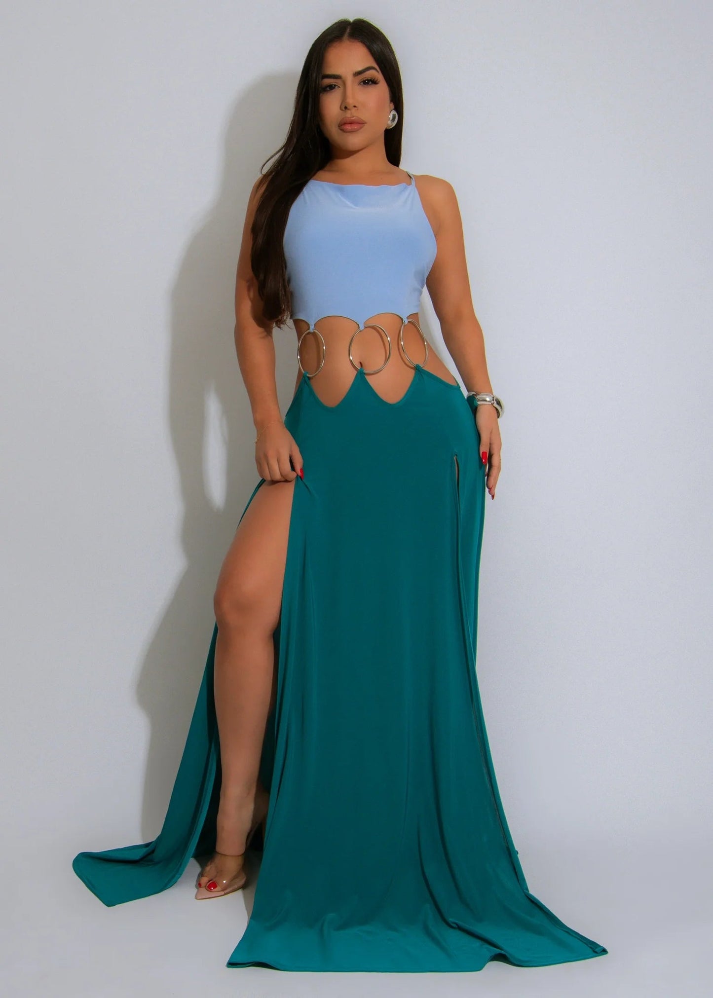 Ringed Open Back Slit Up Maxi Dress/Coverup Dress