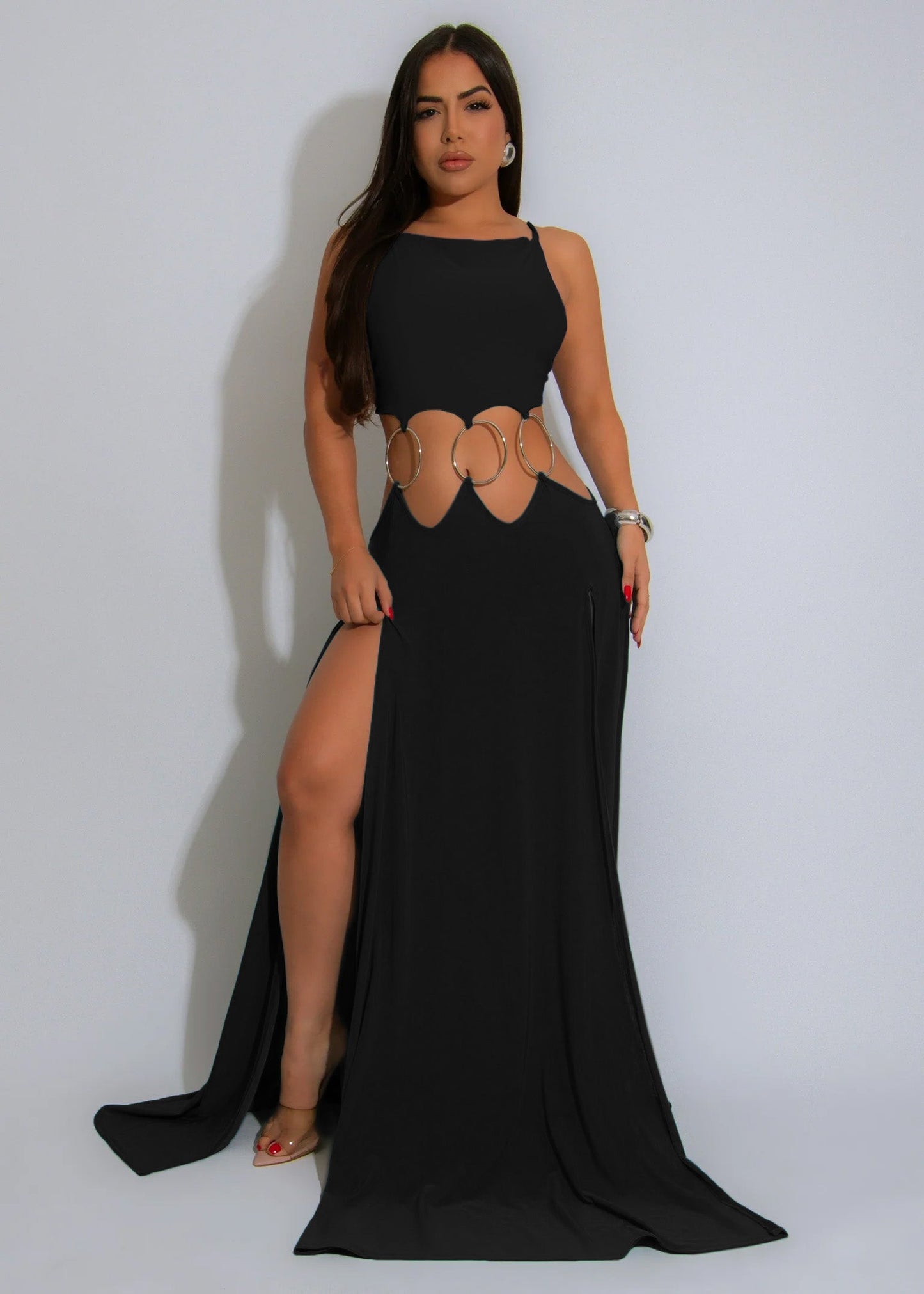 Ringed Open Back Slit Up Maxi Dress/Coverup Dress
