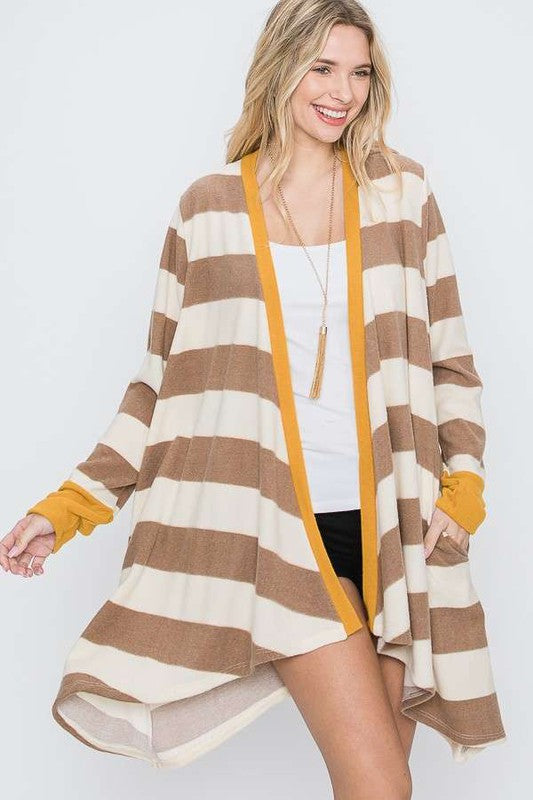 PLUS SIZE OPEN FRONT STRIPED DRAPED CARDIGAN- 3 COLORS