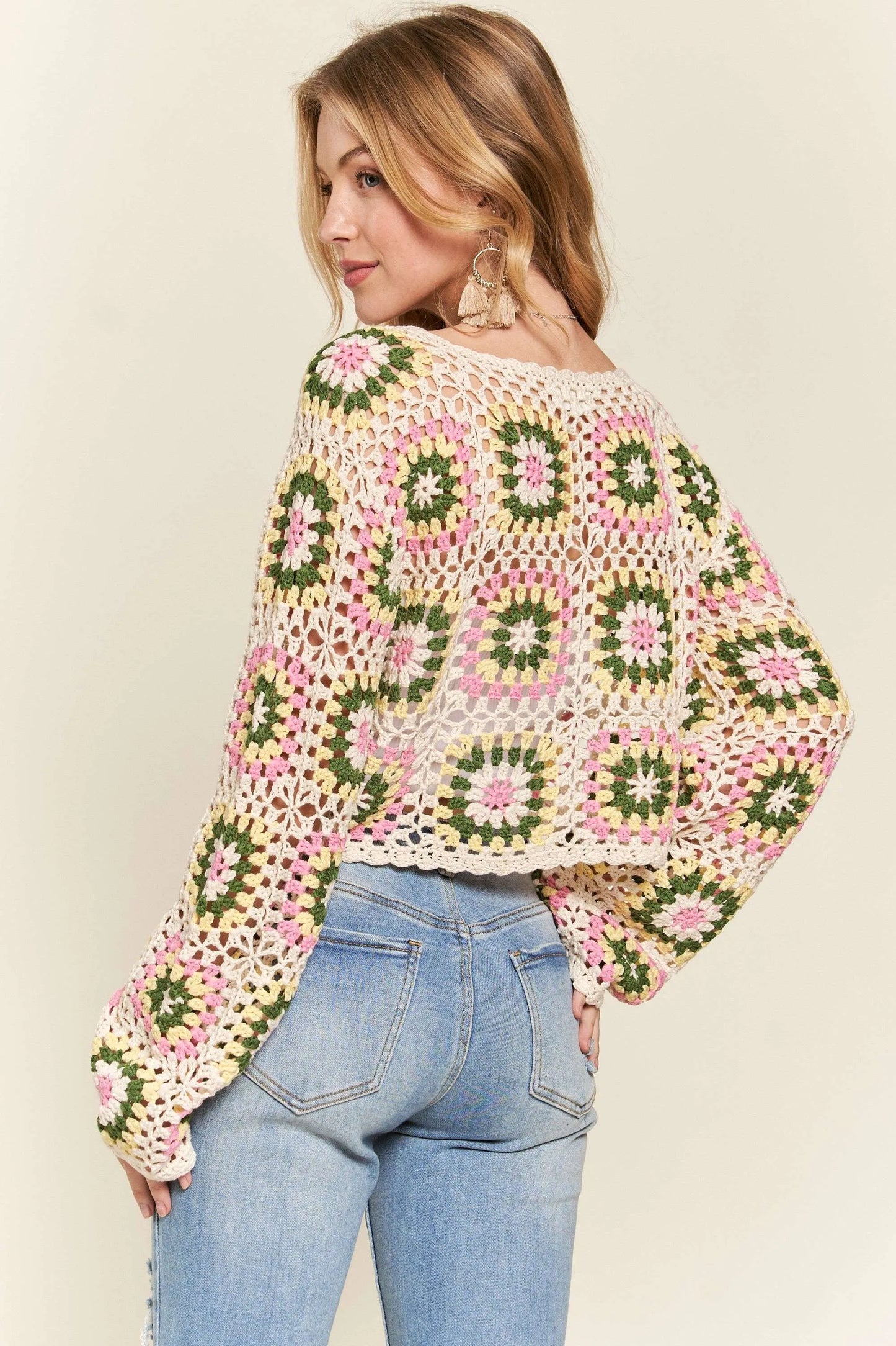 ADORA Multicolor Crochet Crop Top in Natural