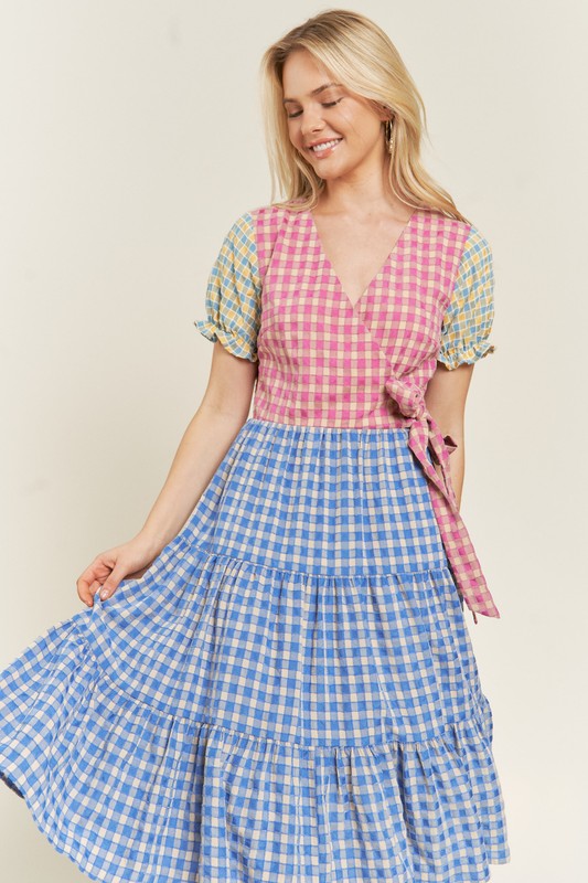 PLUS SIZE COLORBLOCK GINGHAM DRESS