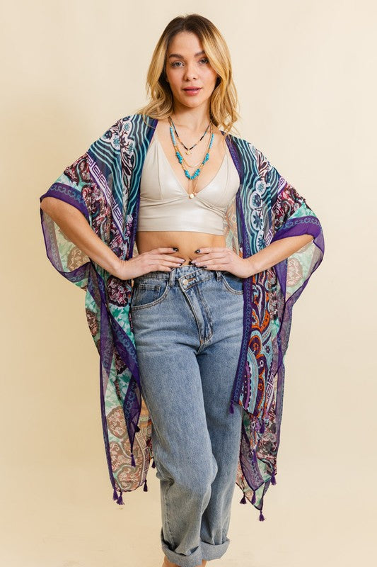 Paisley Print Open Front Kimono w/ Cinched Arms-3 Colors