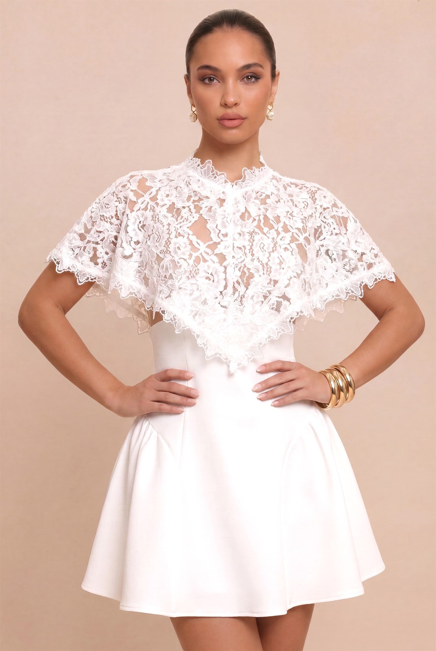 Lace Overlay Mini Flare Dress- White