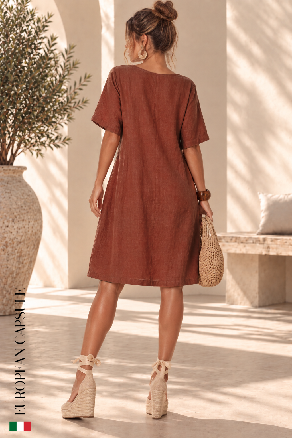 Italian Linen Piso Dress- Brown