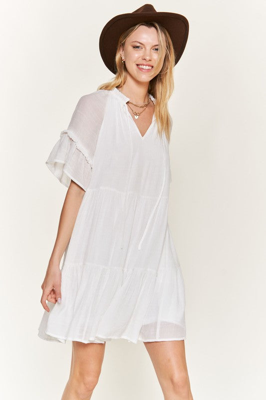 Ruffled Neck Tiered Mini Dress -2 Colors