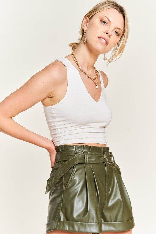 High-rise Waist Belted Faux Leather Shorts- 2 Colors