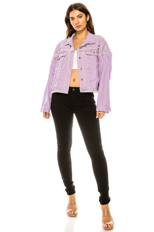 Lavender Denim Jacket with Pearls and Jewels