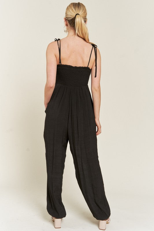 SMOCKED TIE STRAP JUMPSUIT-2 COLORS