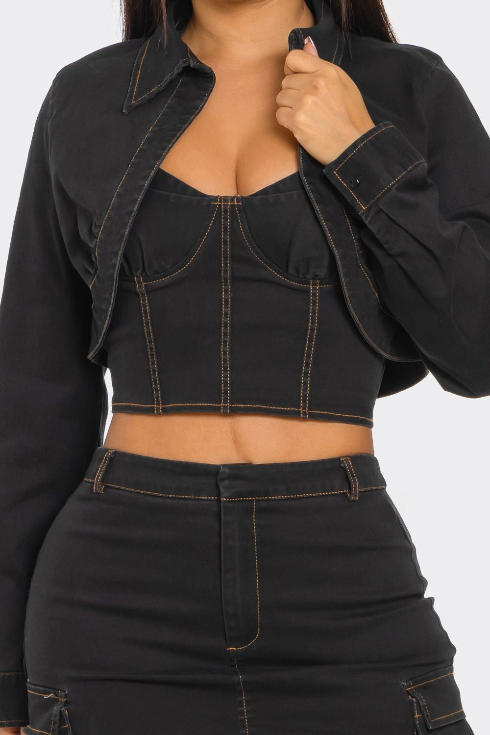 Bringing the Fun Denim Mini Skirt, Cropped Top , & Jacket Set- Black
