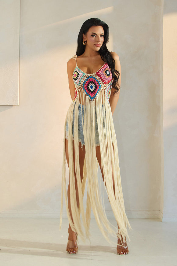 Crochet Patched Long Fringe Top