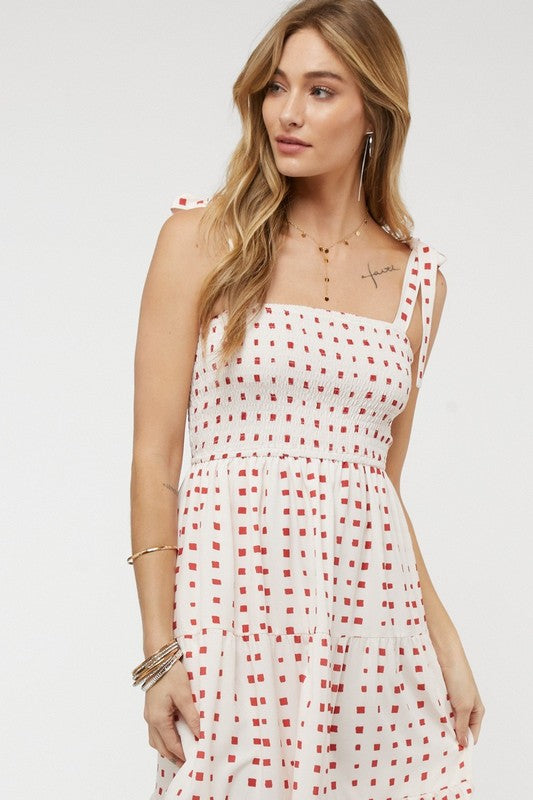 Shoulder Tied Smocked Ruffle Square Dot Printed Sundress