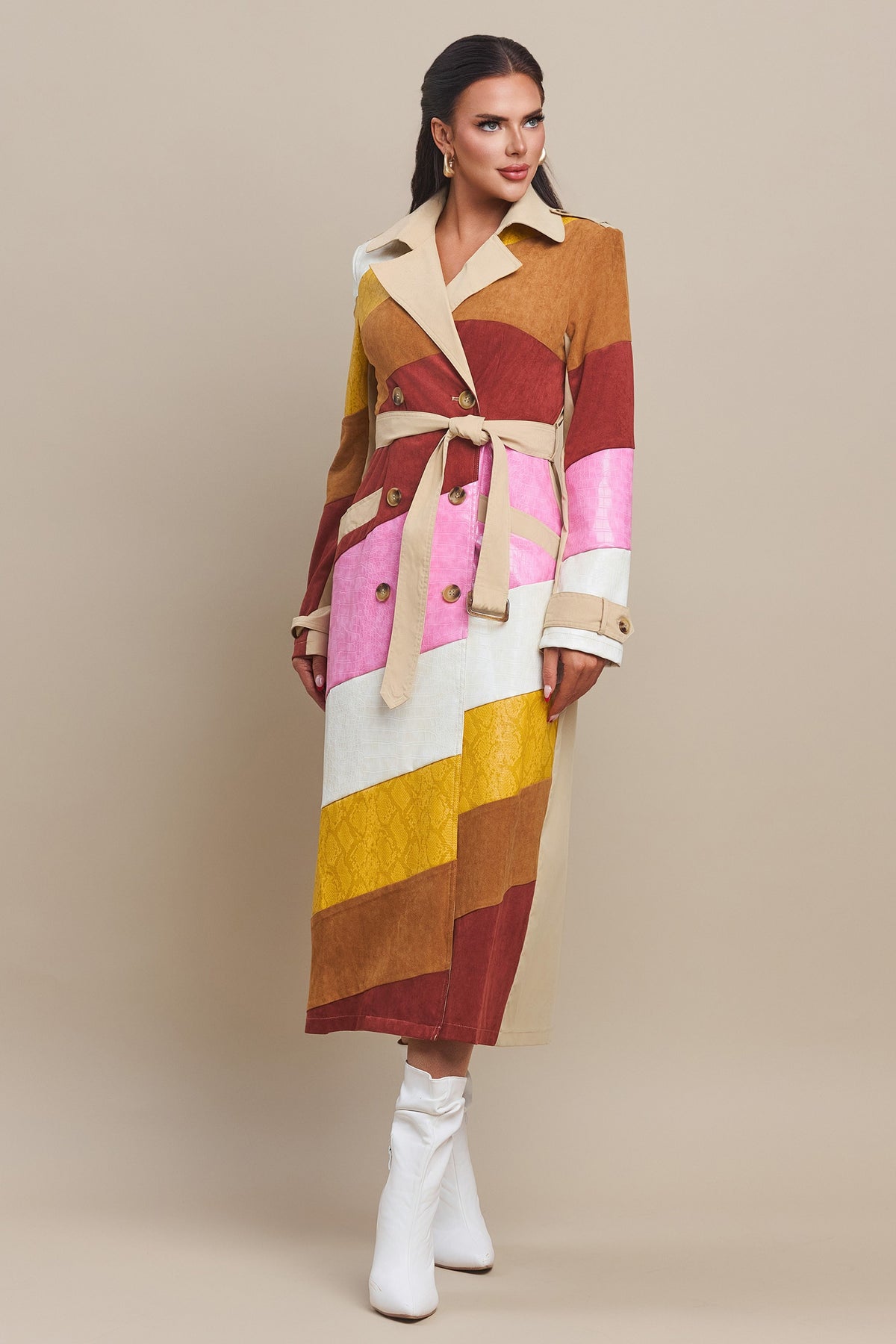 Leather & Suede Color Block Trench Coat- PRE-ORDER