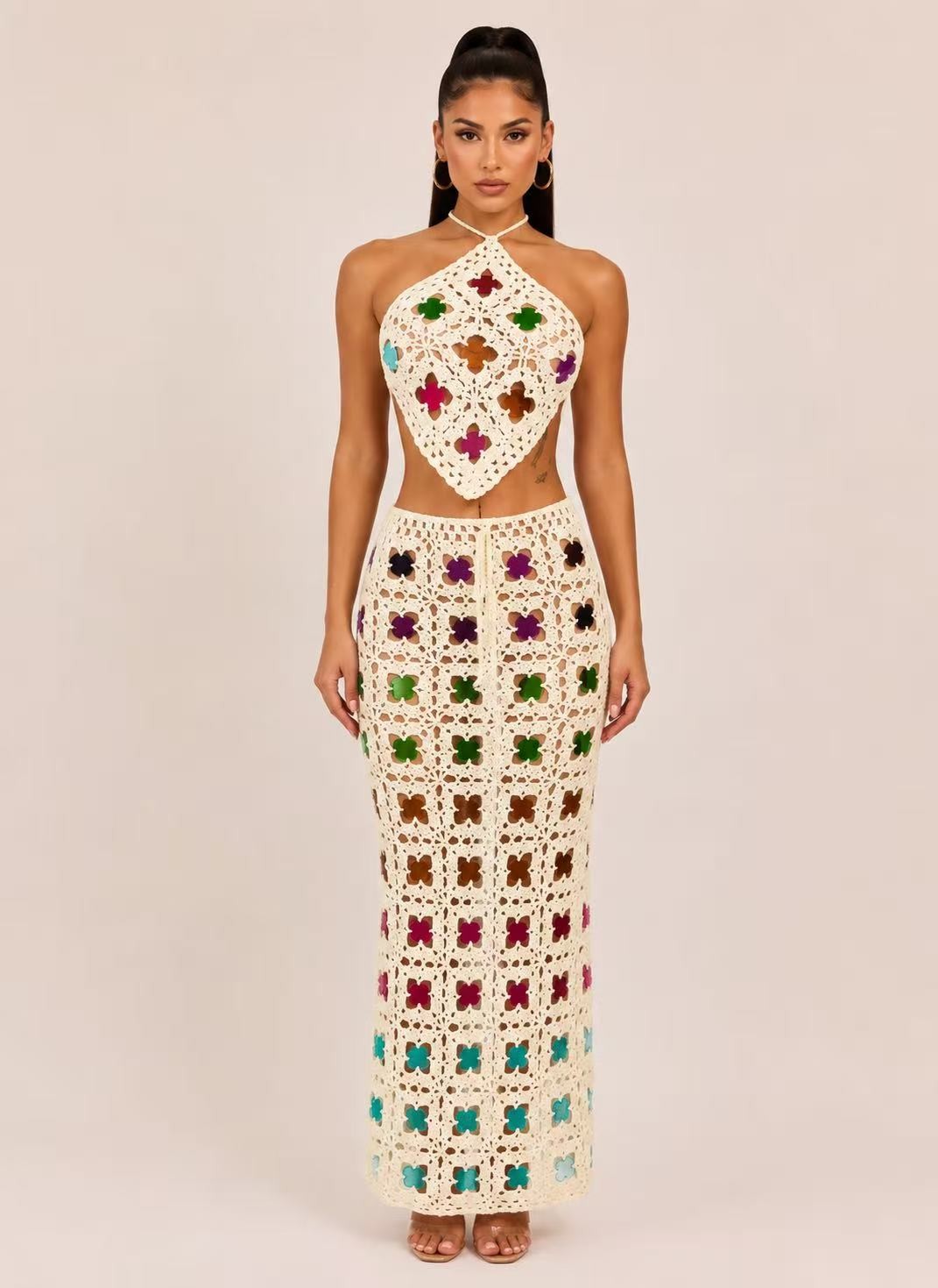 Glitter Skirt Set/Swimwear Coverup- Ivory/Multi