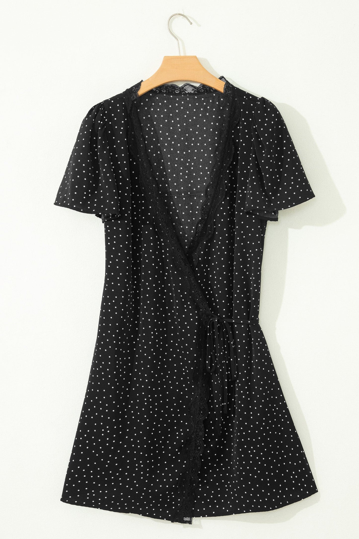 Polka Dot Lace Trim Wrap Mini Dress
