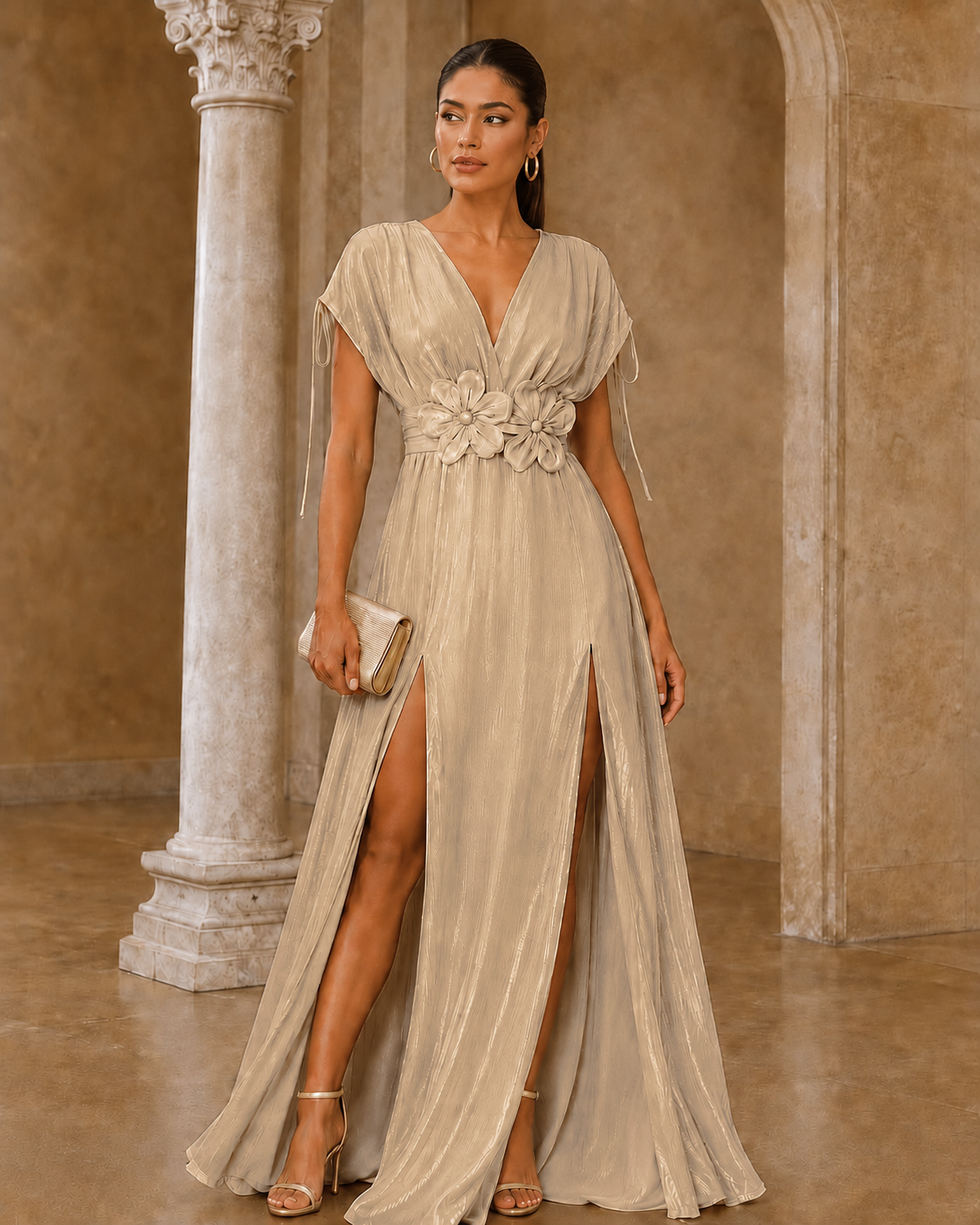 Flowers of Elegance Maxi Double Slit Dress- Cream