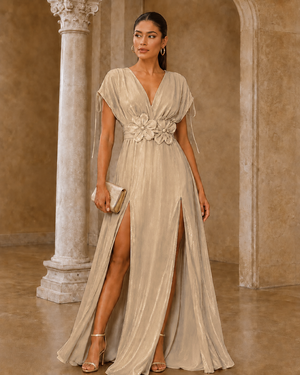 Flowers of Elegance Maxi Double Slit Dress- Cream
